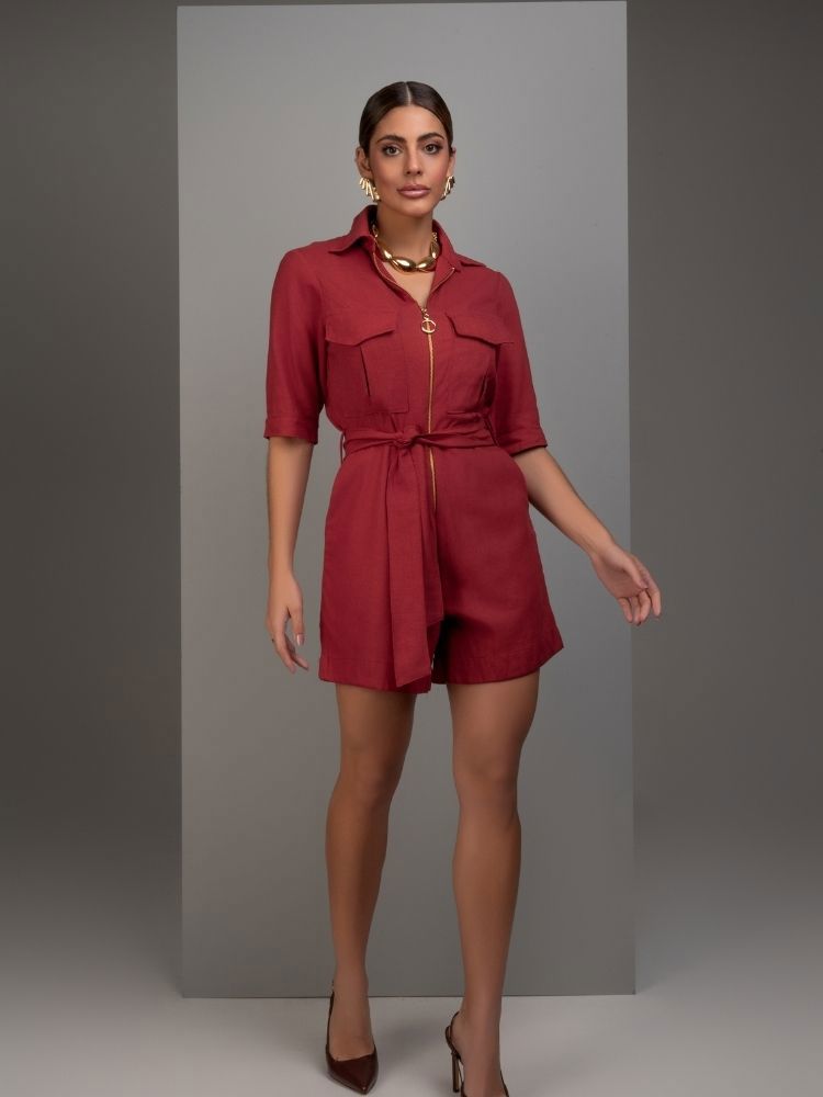 Macaquinho Vermelho Linho Ziper Metalico Frysaide