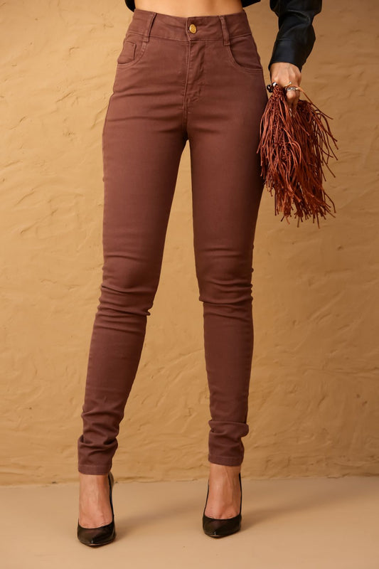 Calça Skinny Jeans Marrom Frysaide Com Botão Dourado