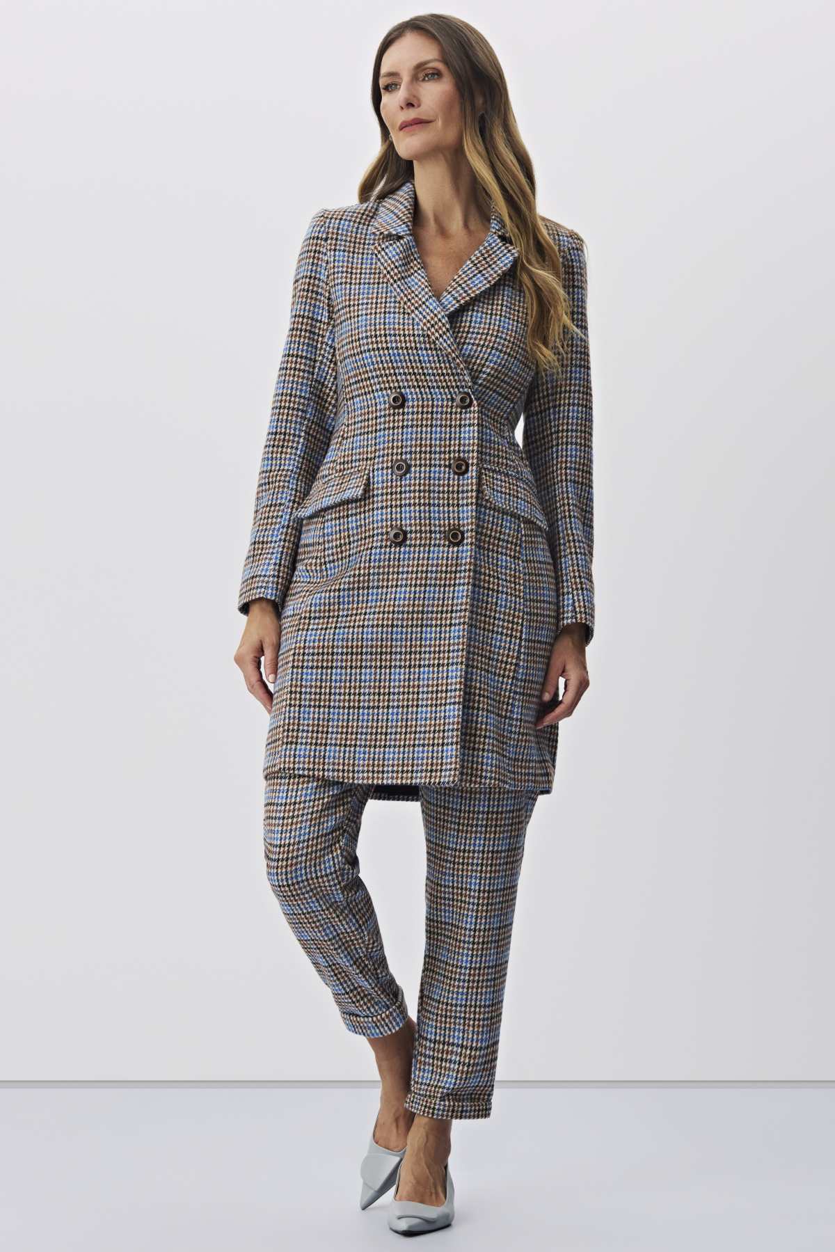 Blazer Meia Loka Bege Xadrez Botões Transpassê