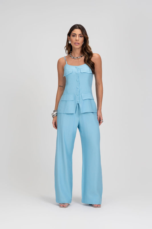 Blusa Alongada Azul Com Lapelas Frysaide