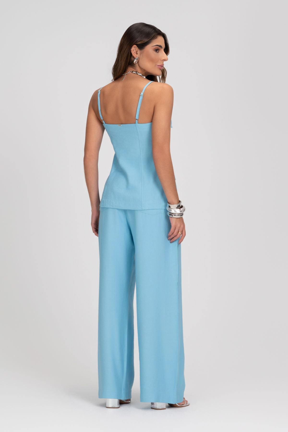 Blusa Alongada Azul Com Lapelas Frysaide