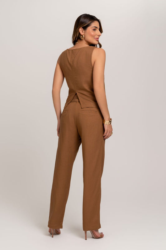 Blusa De Linho Marrom Com Abertura Nas Costas Frysaide