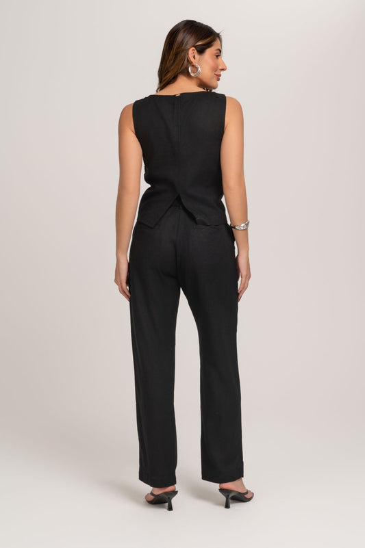 Blusa De Linho Preto Com Abertura Nas Costas Frysaide