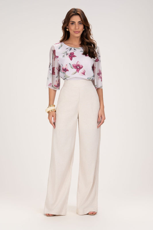 Blusa Frysaide Off White Floral Manga Em Tule