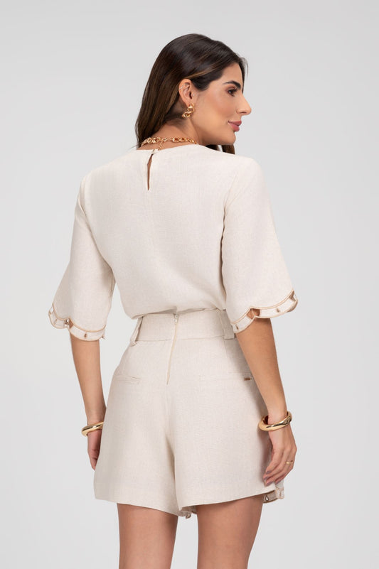 Blusa Linho Natural Com Bordado Frysaide