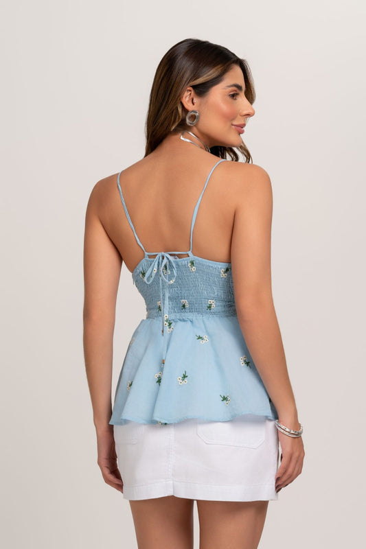 Blusa Voil Bordada Alças Finas Azul Frysaide