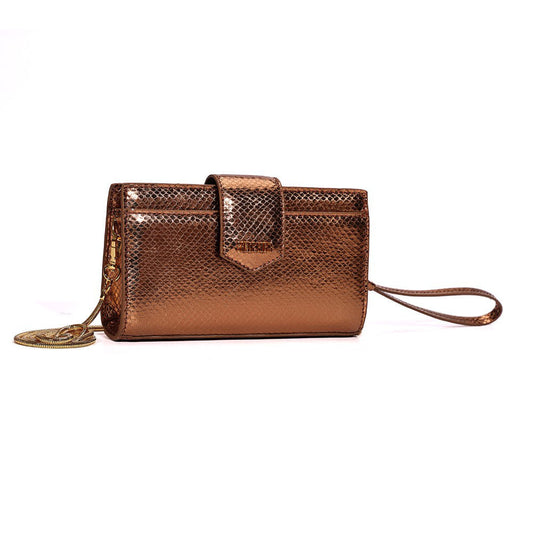 Bolsa Carteira Santa Lolla Bronze Metalizada Alça Transversal Corrente