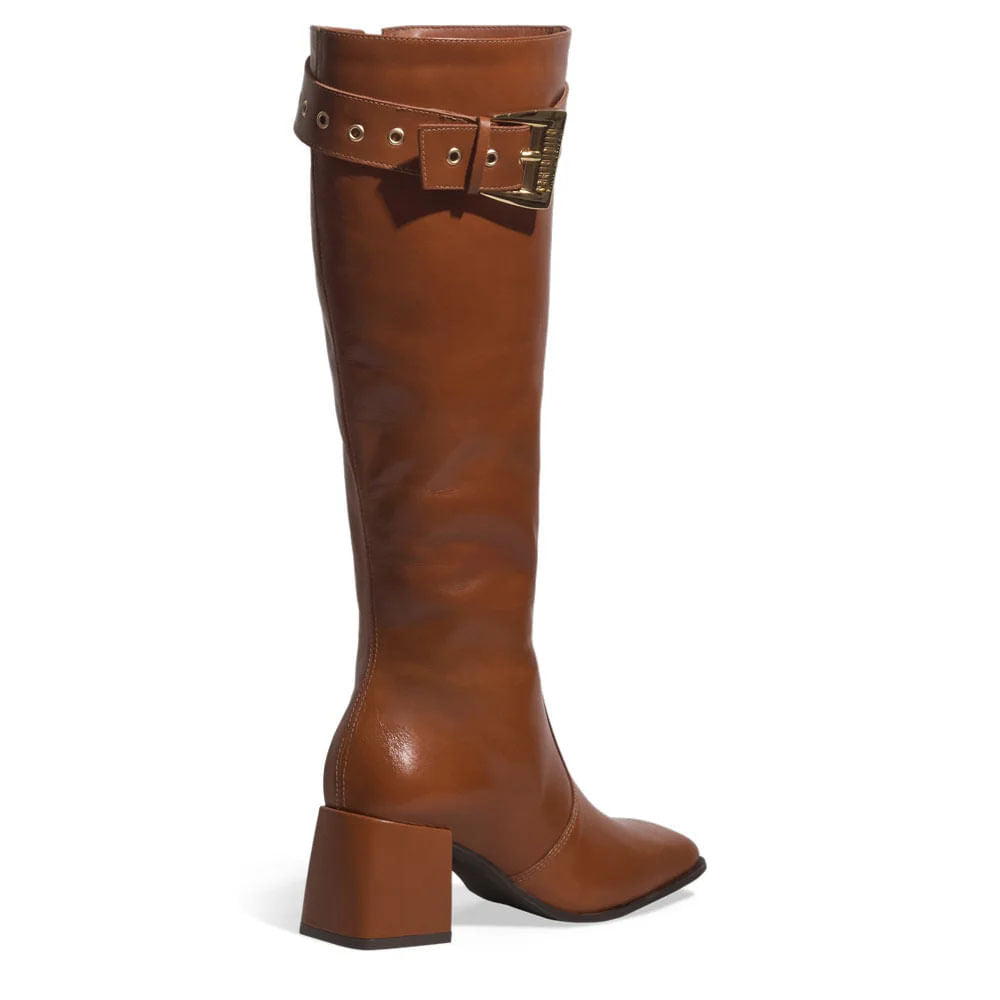 Bota Santa Lolla Caramelo Couro Fivela Salto Bloco