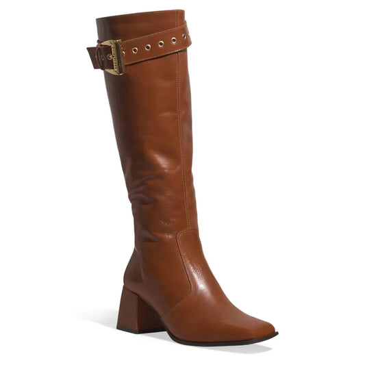 Bota Santa Lolla Caramelo Couro Fivela Salto Bloco