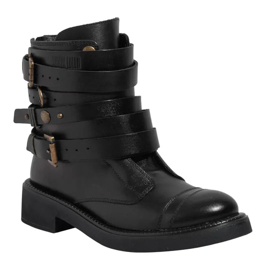 Bota Santa Lolla Preta Couro Fivelas Cano Curto
