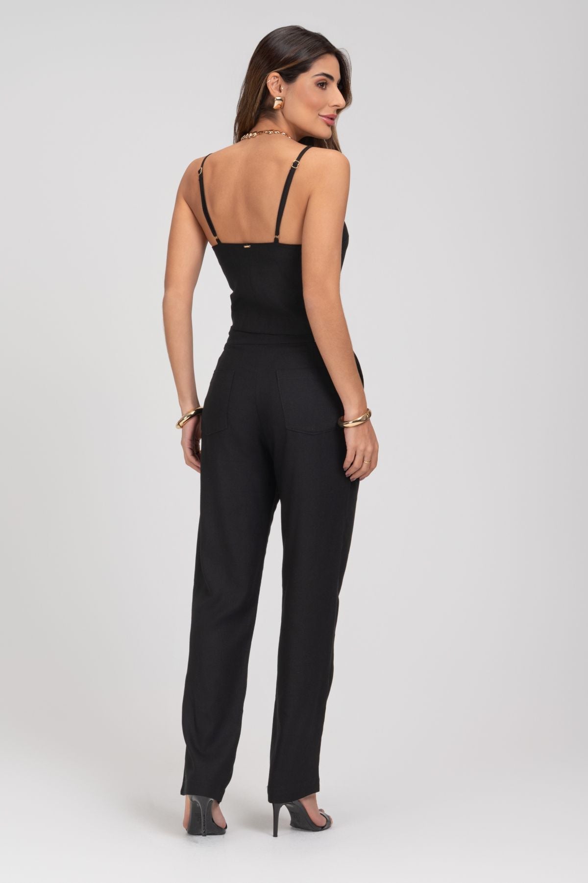 Calça De Linho Reta Preta Frysaide