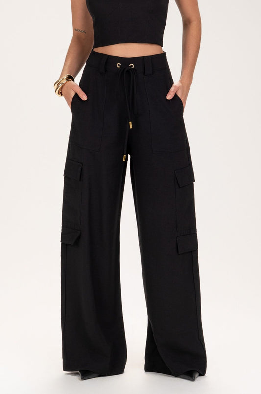 Calça Frysaide Preta Cargo Wide Leg Cintura Alta