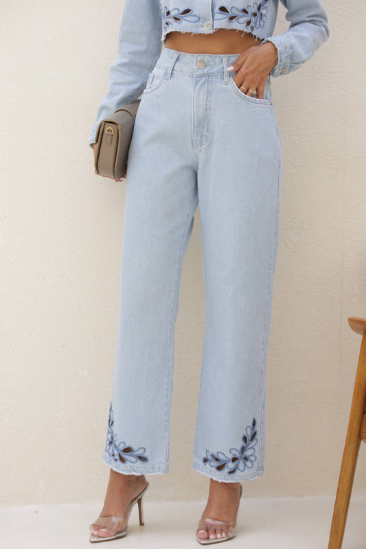 Calça Jeans Frysaide Azul Claro Barra Bordada