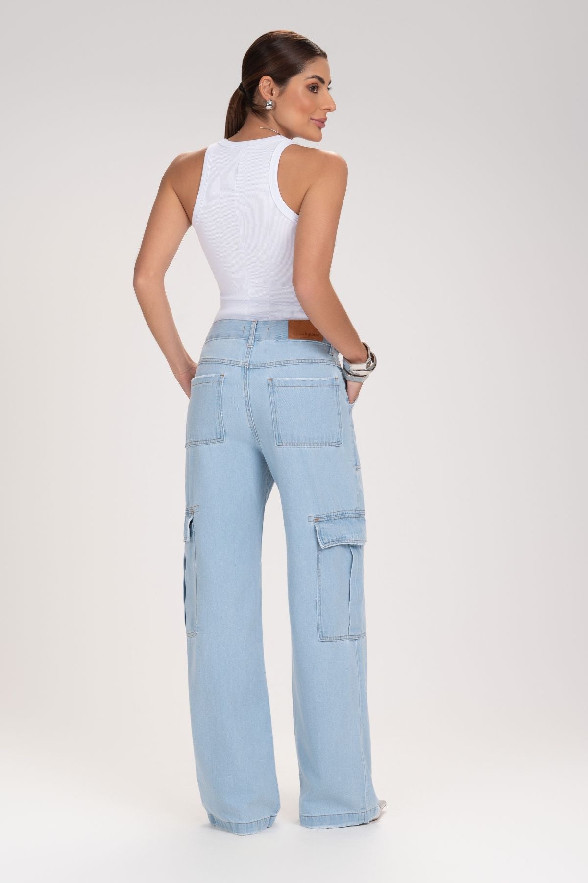 Calça Jeans Wide Leg Frysaide Azul Clara Cargo