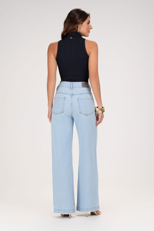 Calça Jeans Wide Leg Frysaide Azul Claro Barra Desfiada