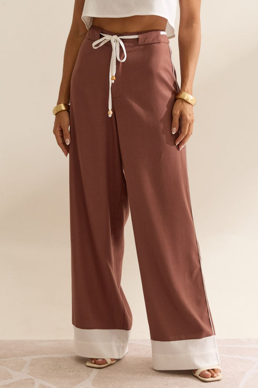 Calça Linho Flo Maria Marrom Wide Leg