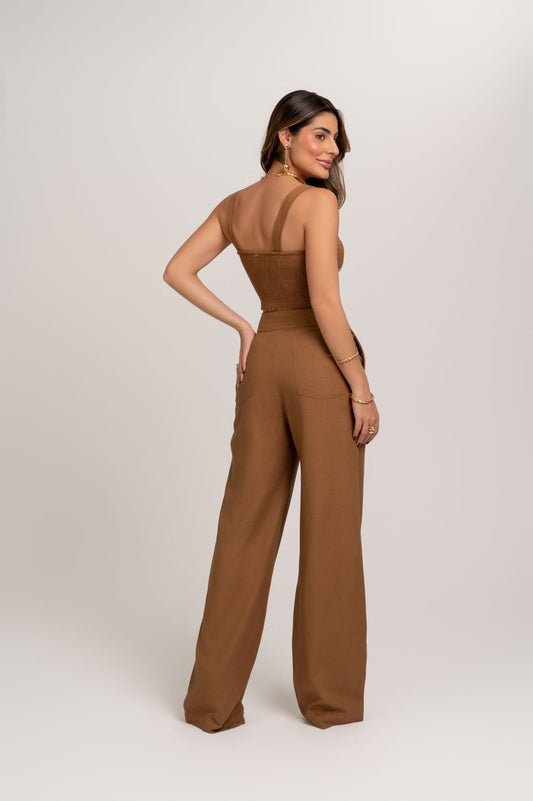 Calca Pantalona Marrom De Linho Com Cos Transpassado Frysaide