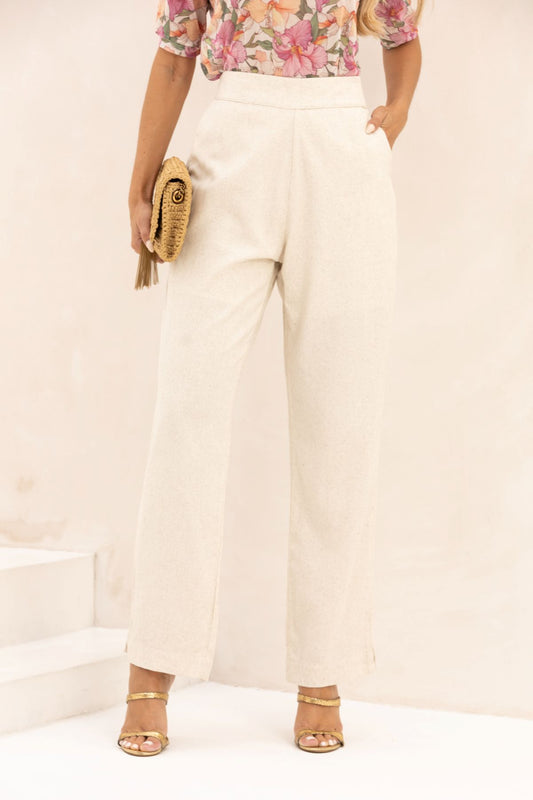 Calça Reta De Linho Zoe Natural Bege Frysaide