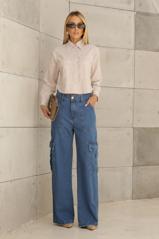 Camisa Cropped Frysaide Bege Listrada Manga Longa