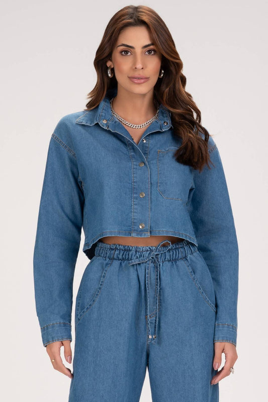 Camisa Jeans Frysaide Azul Over Curta