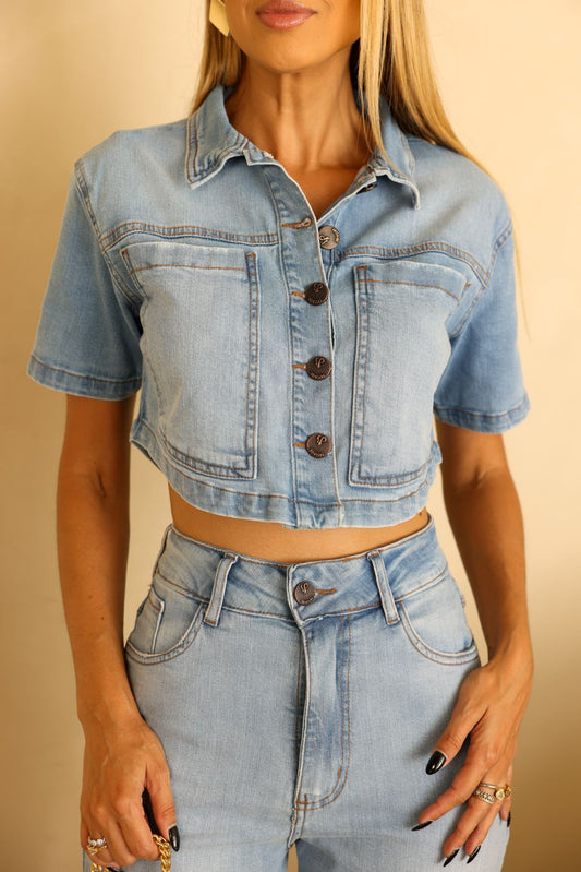 Cropped Jeans Com Bolso Grande Jeans Frysaide