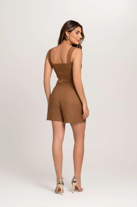 Cropped De Linho Com Alças Largas Marrom Frysaide