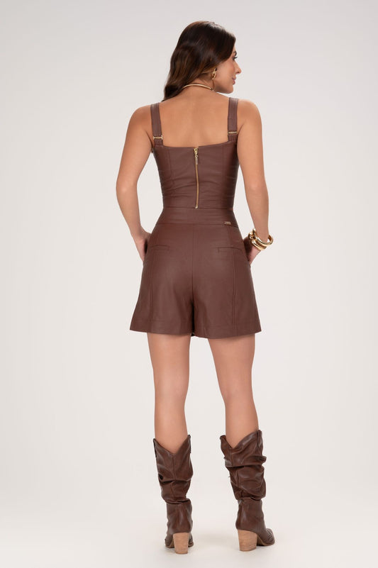 Cropped Frysaide Marrom Couro Decote Reto