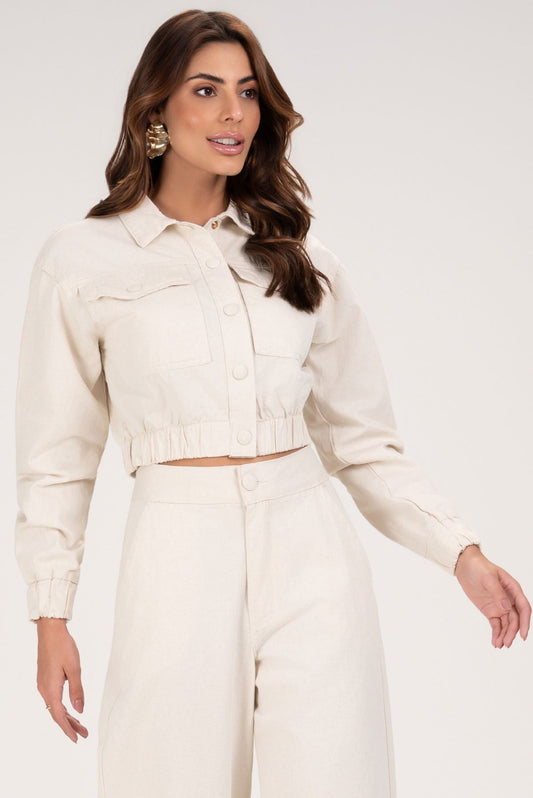 Jaqueta Frysaide Off White Cropped Sarja Com Botões