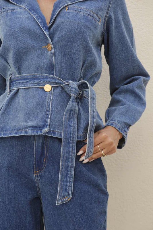 Jaqueta Jeans Frysaide Azul Com Faixa Na Cintura