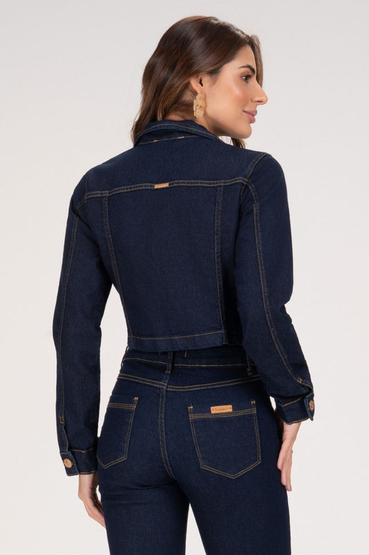 Jaqueta Jeans Frysaide Azul Escuro Botões Dourados