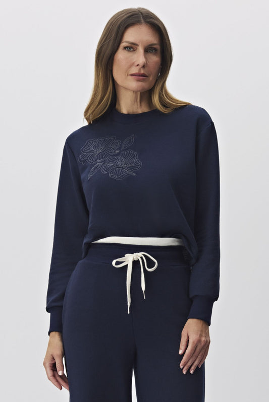 Moletom Meia Loka Azul Marinho Bordado Floral