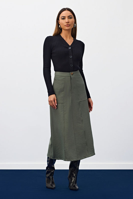 Saia Midi Verde Bolsos Frontais Meia Loka