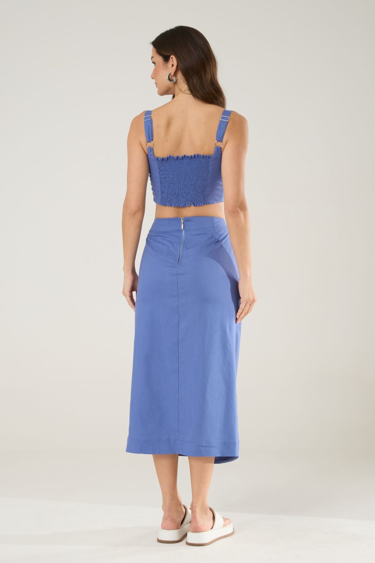 Saia Midi De Linho Azul Flo Maria