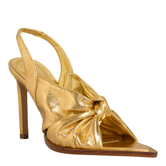 Sandália Salto Alto Santa Lolla Dourada Metalizada Fico Folha