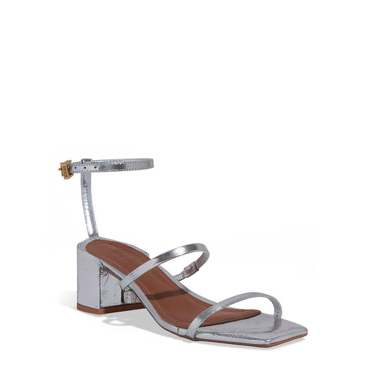 Sandália Santa Lolla Prata Metalizada Salto Bloco Couro