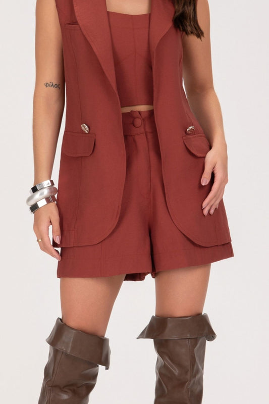 Short Alfaiataria Frysaide Terracota Cintura Alta