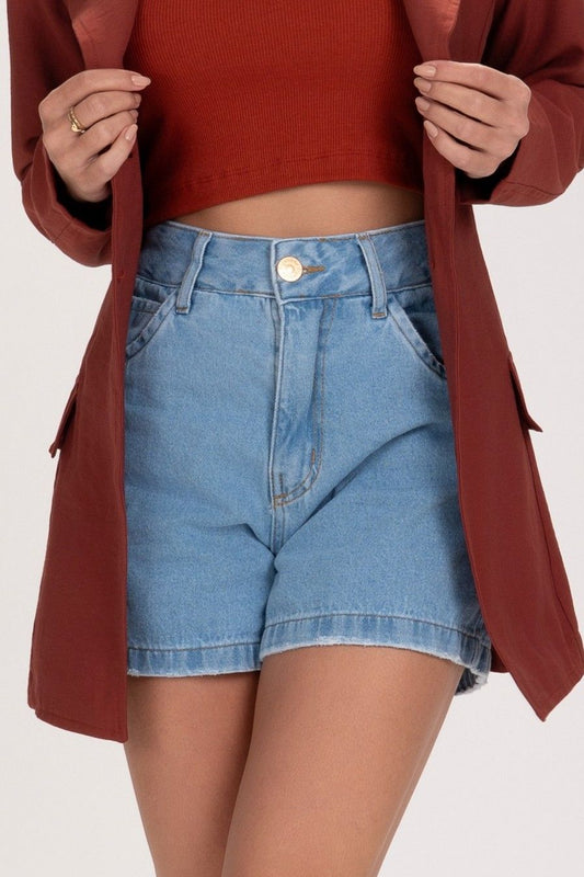 Short Jeans Frysaide Azul Claro Mom Cintura Alta