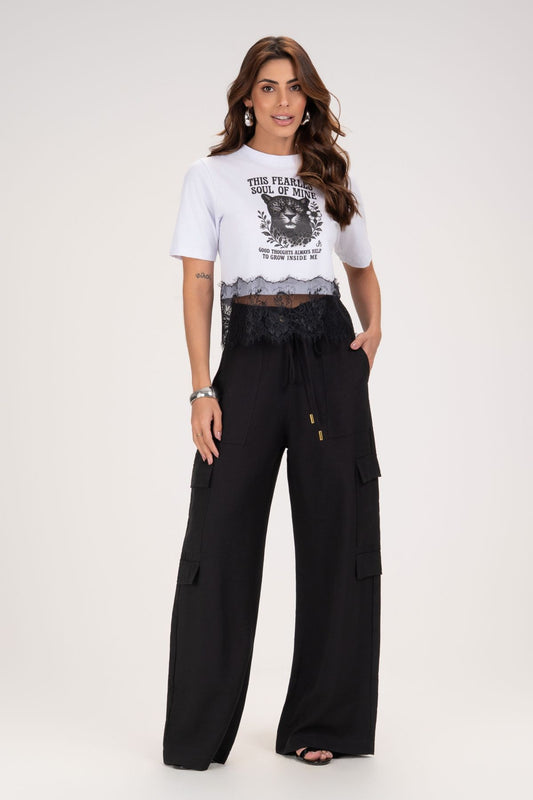 T-Shirt Frysaide Branca Estampa Felino Renda Barra