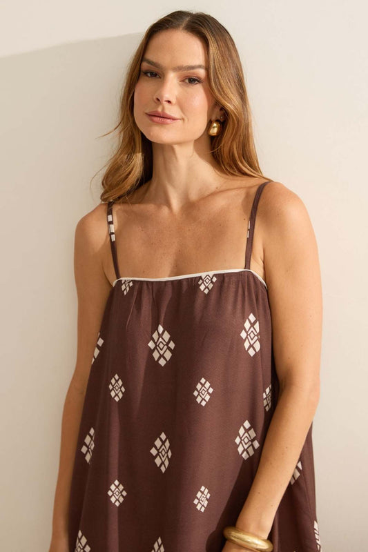 Vestido Longo Flo Maria Marrom Estampa Geométrica
