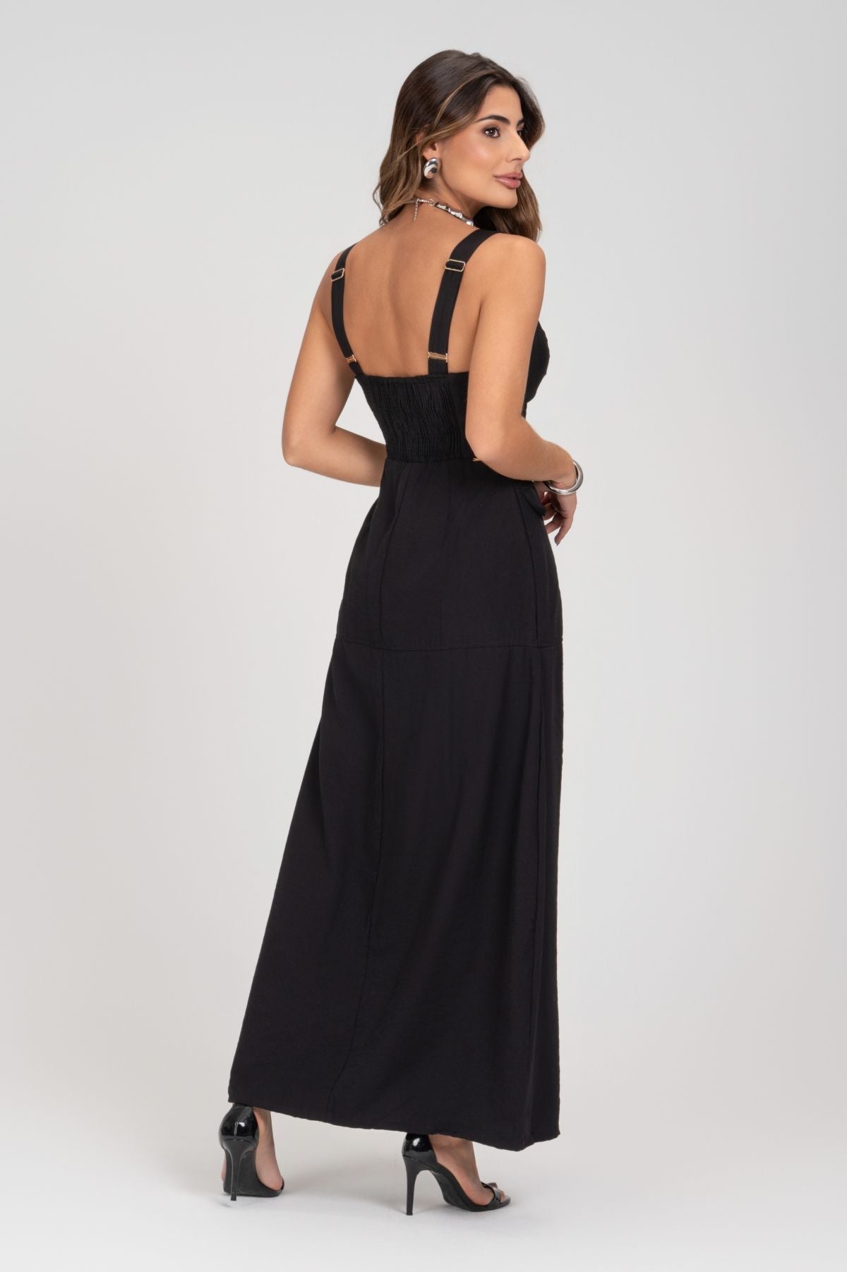 Vestido Midi Preto Linho Alfaiataria Frysaide