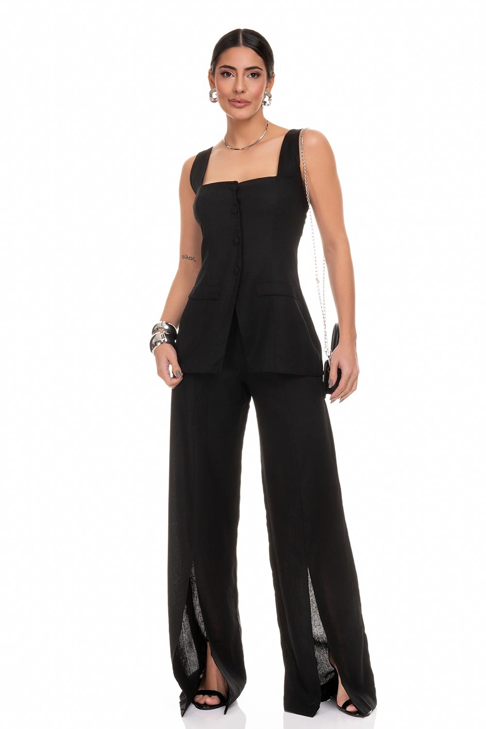 Blusa Alongada De Linho Preto Frysaide