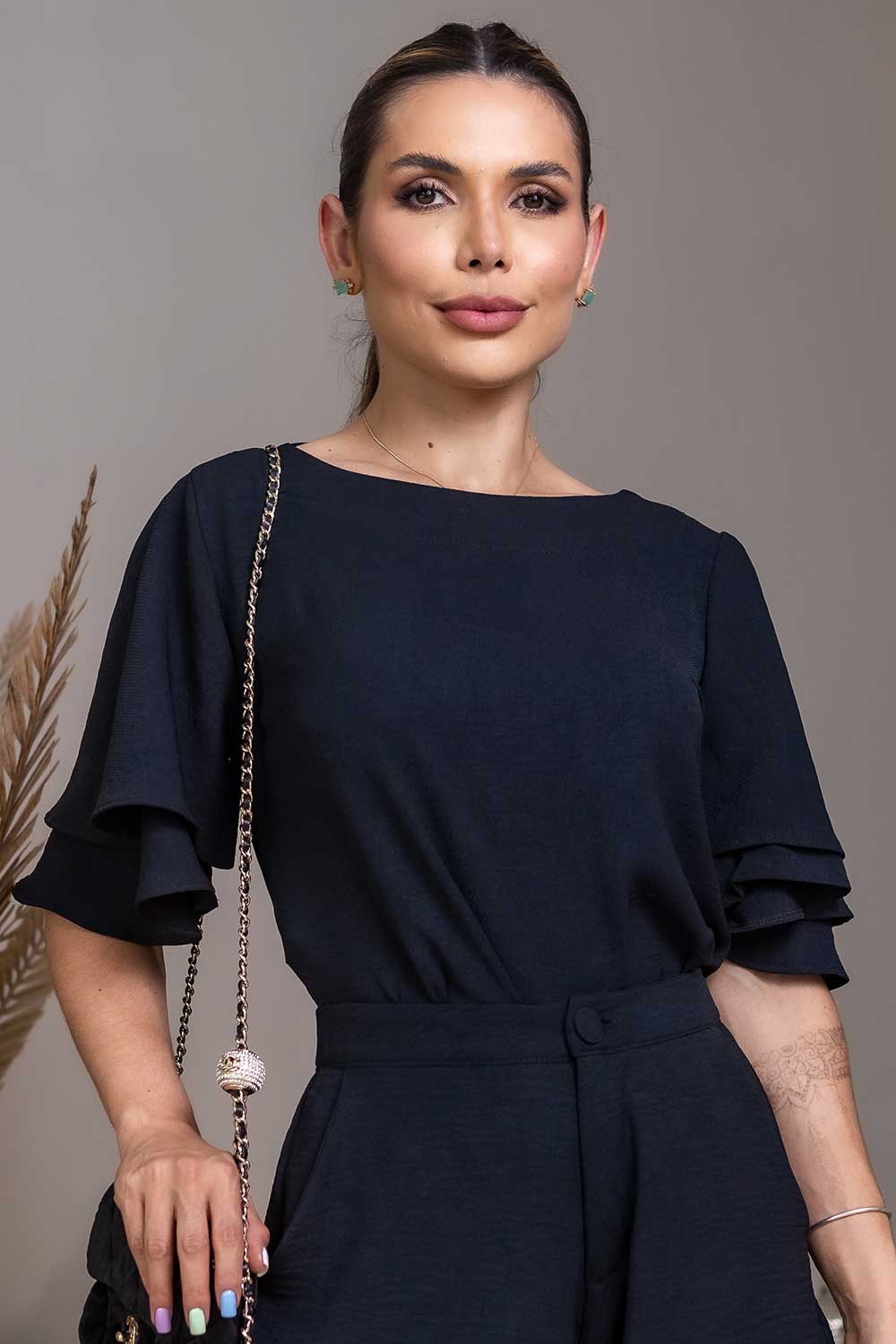 Blusa Casual Preta Babados Frysaide