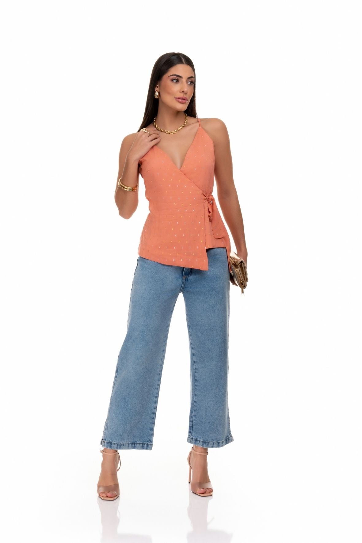 Blusa Frysaide Transpassada Salmão Metálico