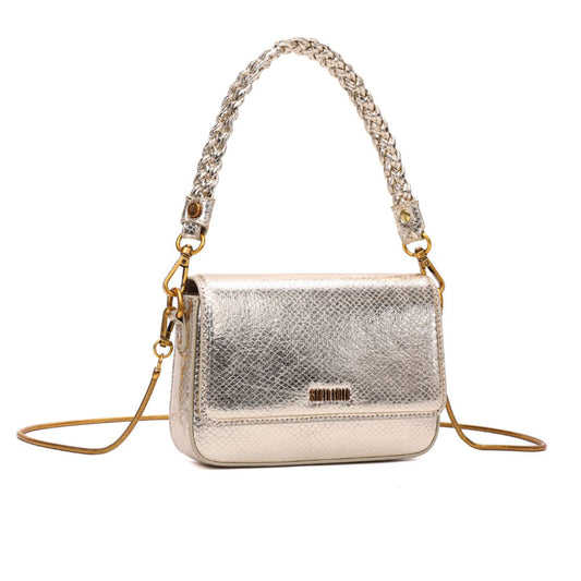 Bolsa Baguete Metalizada Santa Lolla Dourada Alça Trança