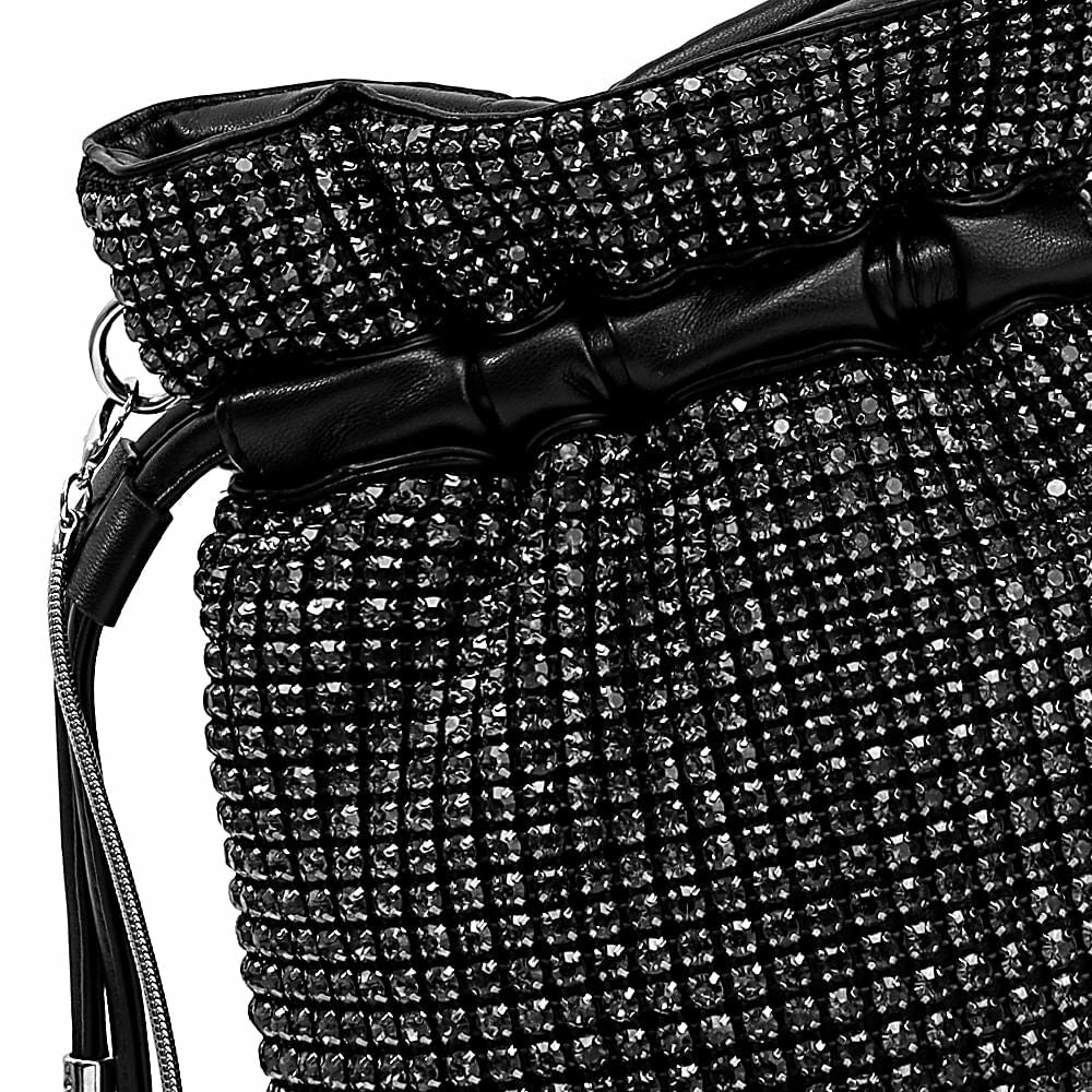 Bolsa Bucket Santa Lolla Preta Malha Cristal Shiny