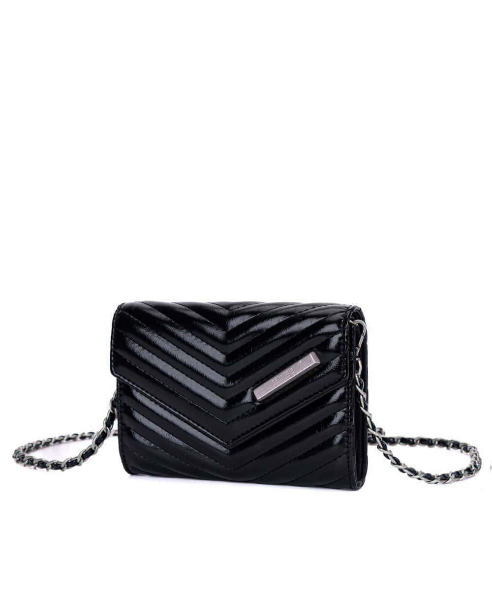 Bolsa Carteira Santa Lolla Matelassê Preta Verniz Alça Corrente