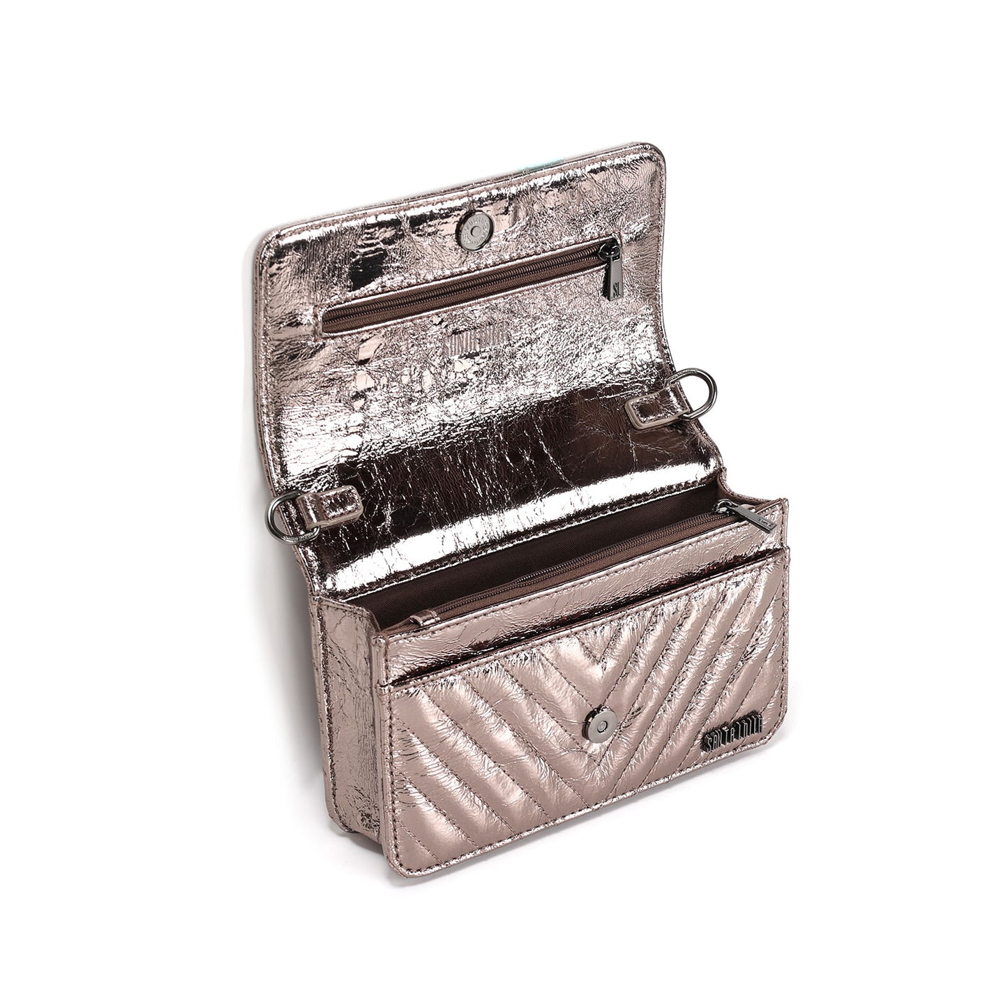 Bolsa Metalizada Cinza Grafite Alça Transversal Santa Lolla