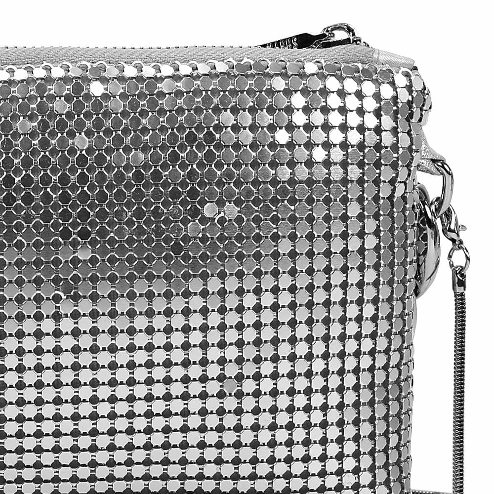Bolsa Pequena Santa Lolla Prata Malha Metal Shiny