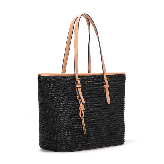 Bolsa Shopper Santa Lolla Palha Tramado Preto Alça Fivela