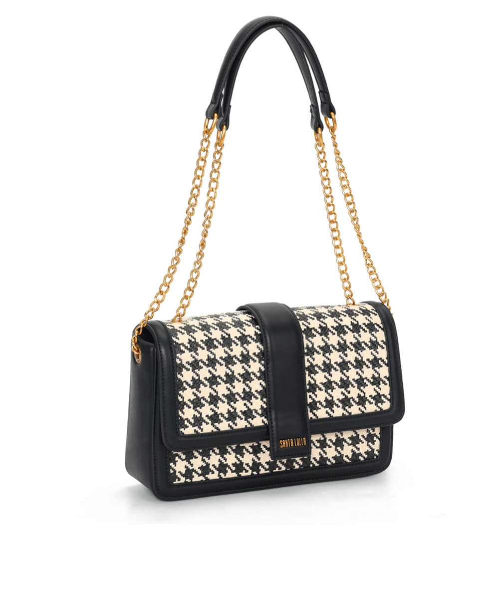 Bolsa Tiracolo Santa Lolla Preta Bege Palha Alça Corrente